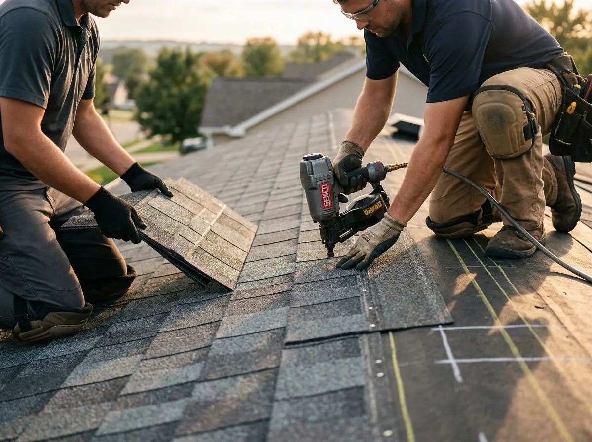 Professional roofer working on a residential roof in Sycamore